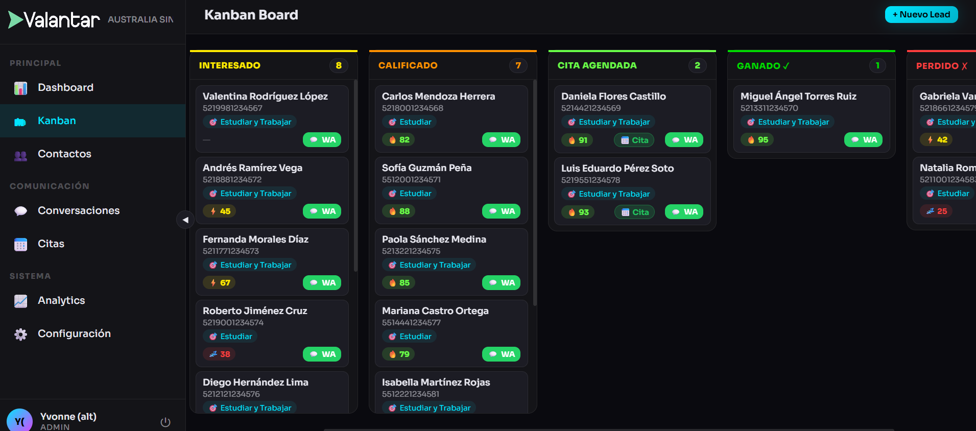 CRM Valantar - Kanban de leads con estados: Interesado, Calificado, Cita Agendada, Ganado
